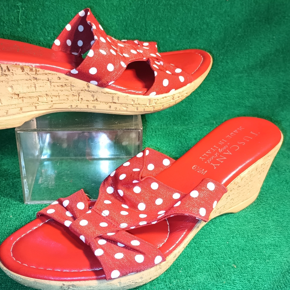 Tuscany By Easy Street Made In Italy Size 6.5 Cork Wedge Red Polka Dot Sandals